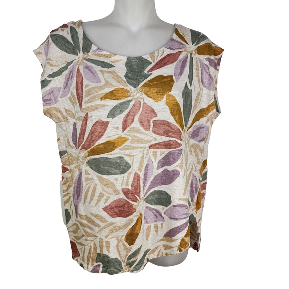 Nicole Miller Top Women's Medium 100% Linen Floral Print Neutral Boho Cap Sleeve - Picture 1 of 8